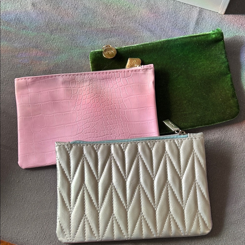 Ipsy Quilted Silver, Pink, and Green Cosmetic Bags